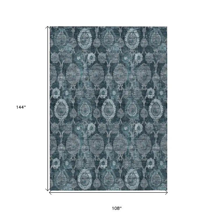 9' X 12' Teal Blue And Sky Blue Damask Washable Indoor Outdoor Area Rug
