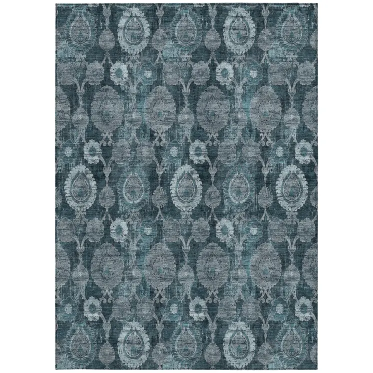 9' X 12' Teal Blue And Sky Blue Damask Washable Indoor Outdoor Area Rug