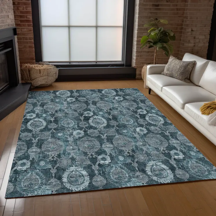 9' X 12' Teal Blue And Sky Blue Damask Washable Indoor Outdoor Area Rug