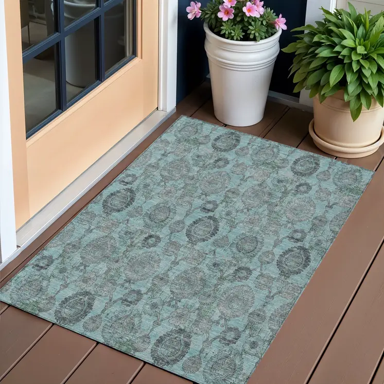 3' X 5' Turquoise Gray And Charcoal Damask Washable Indoor Outdoor Area Rug