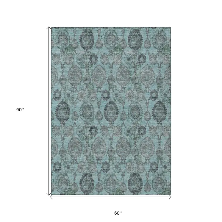 5' X 8' Turquoise Gray And Charcoal Damask Washable Indoor Outdoor Area Rug