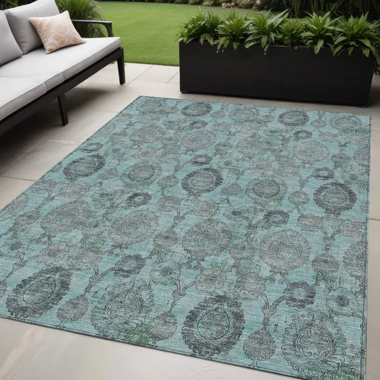 5' X 8' Turquoise Gray And Charcoal Damask Washable Indoor Outdoor Area Rug