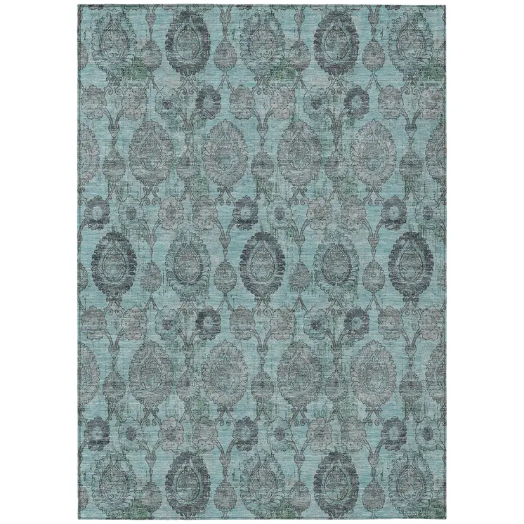 5' X 8' Turquoise Gray And Charcoal Damask Washable Indoor Outdoor Area Rug