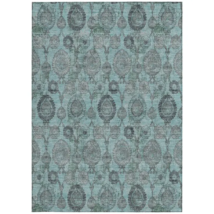 5' X 8' Turquoise Gray And Charcoal Damask Washable Indoor Outdoor Area Rug