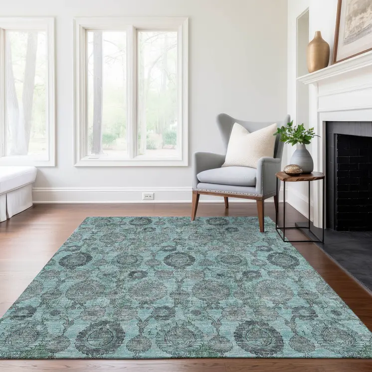 5' X 8' Turquoise Gray And Charcoal Damask Washable Indoor Outdoor Area Rug