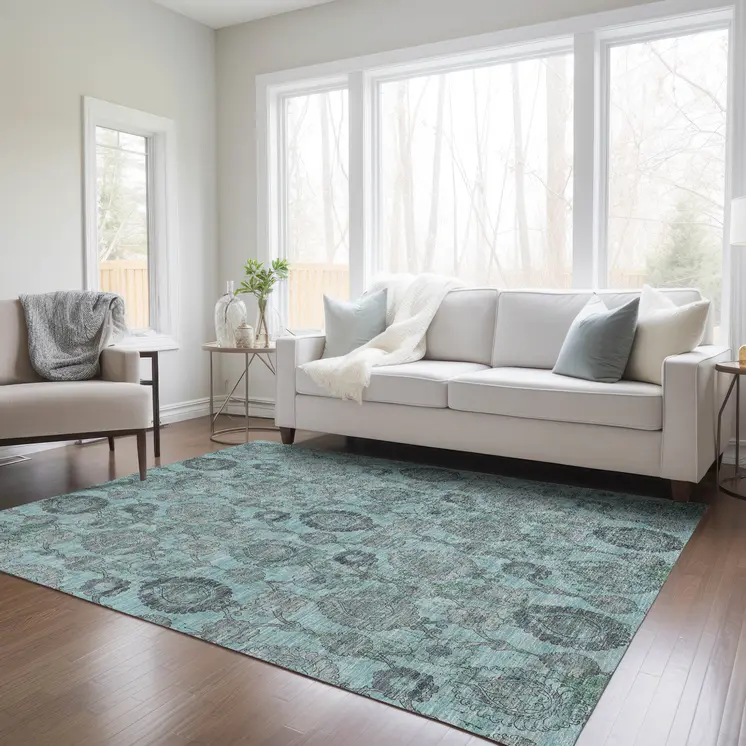 5' X 8' Turquoise Gray And Charcoal Damask Washable Indoor Outdoor Area Rug