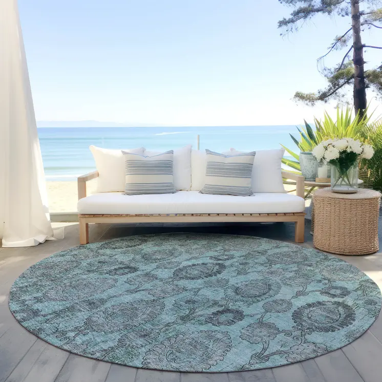 8' Turquoise Gray And Charcoal Round Damask Washable Indoor Outdoor Area Rug