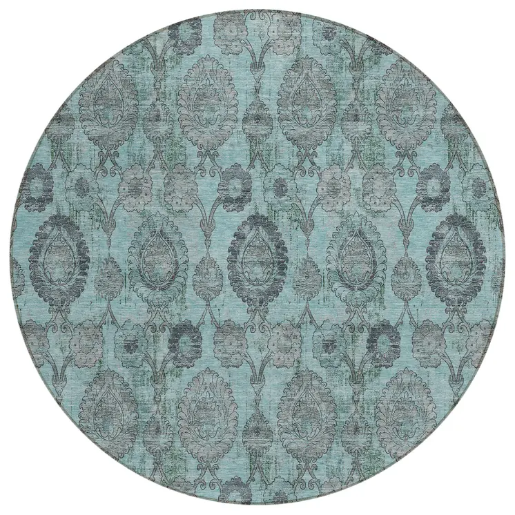 8' Turquoise Gray And Charcoal Round Damask Washable Indoor Outdoor Area Rug