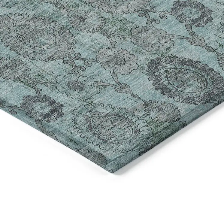 8' Turquoise Gray And Charcoal Round Damask Washable Indoor Outdoor Area Rug