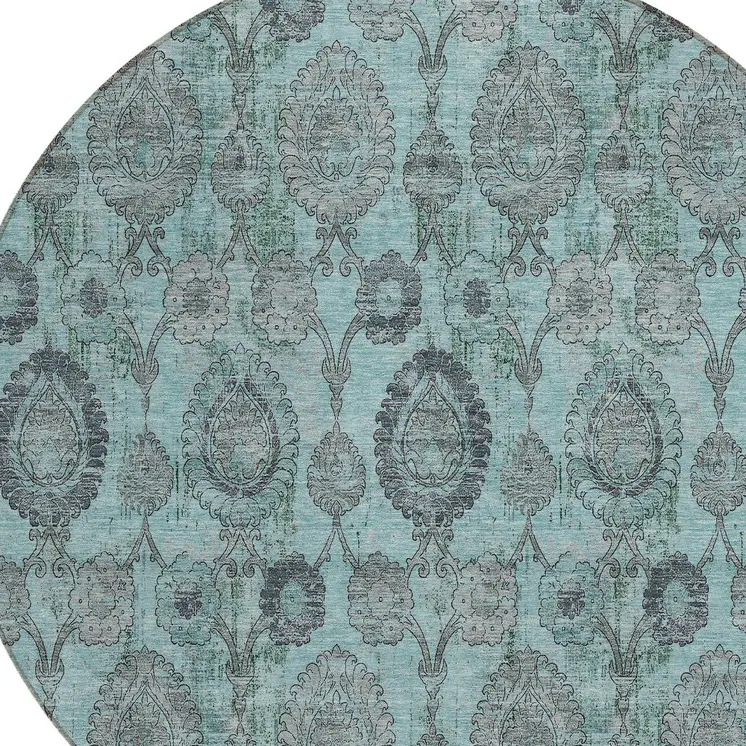 8' Turquoise Gray And Charcoal Round Damask Washable Indoor Outdoor Area Rug
