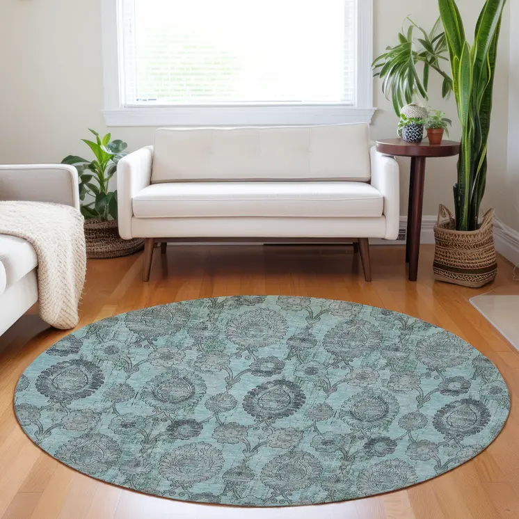 8' Turquoise Gray And Charcoal Round Damask Washable Indoor Outdoor Area Rug