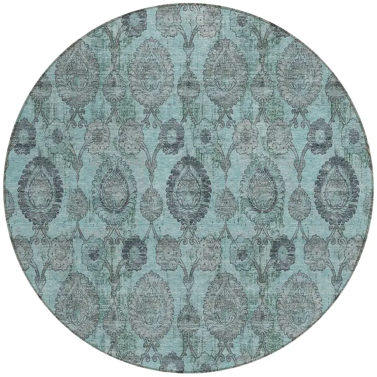 8' Turquoise Gray And Charcoal Round Damask Washable Indoor Outdoor Area Rug