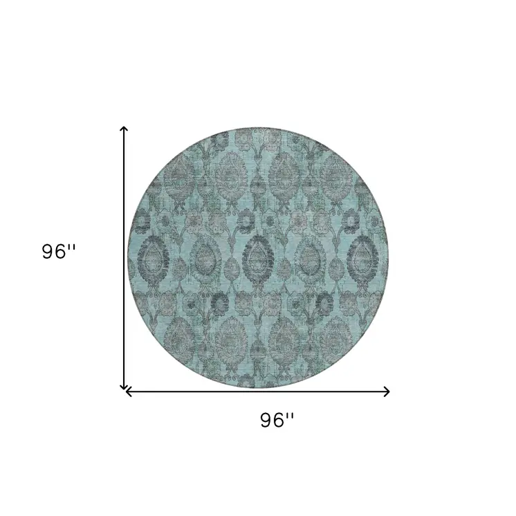 8' Turquoise Gray And Charcoal Round Damask Washable Indoor Outdoor Area Rug