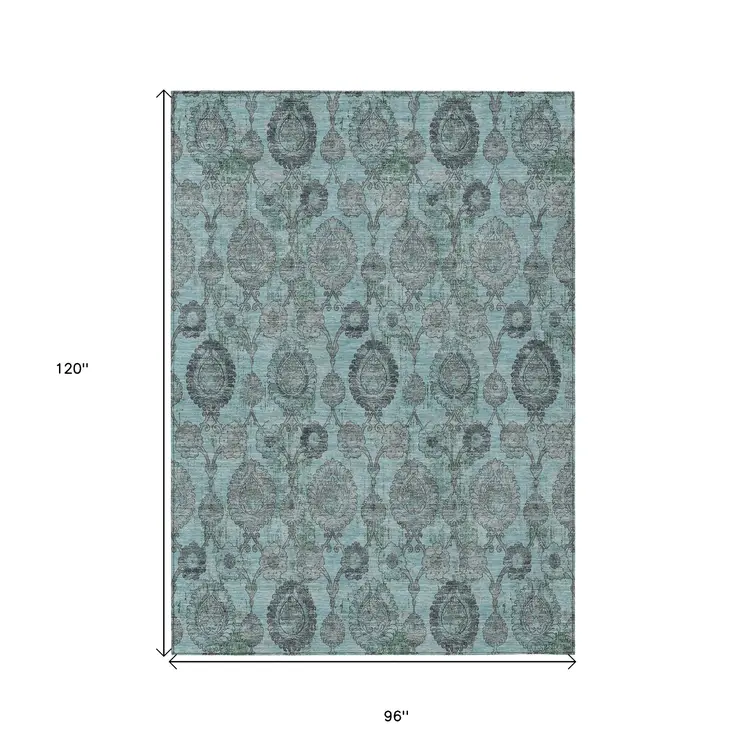 8' X 10' Turquoise Gray And Charcoal Damask Washable Indoor Outdoor Area Rug