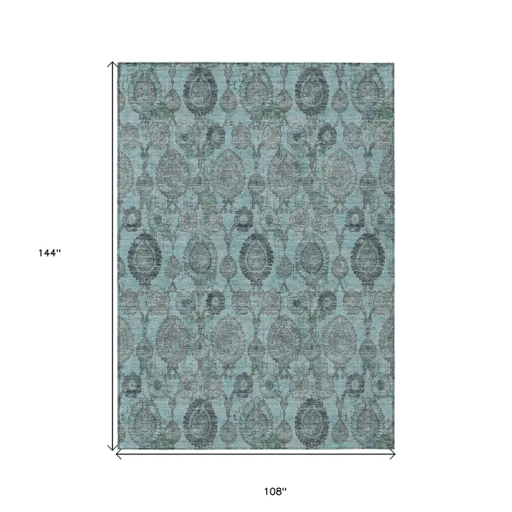 9' X 12' Turquoise Gray And Charcoal Damask Washable Indoor Outdoor Area Rug