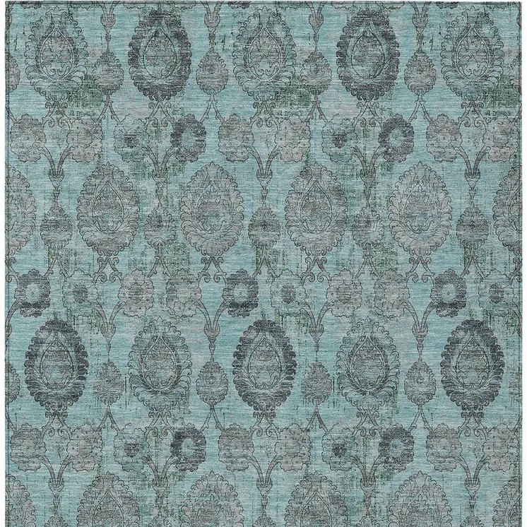 10' X 14' Turquoise Gray And Charcoal Damask Washable Indoor Outdoor Area Rug