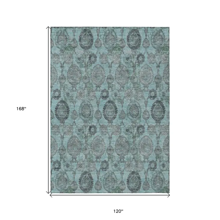 10' X 14' Turquoise Gray And Charcoal Damask Washable Indoor Outdoor Area Rug