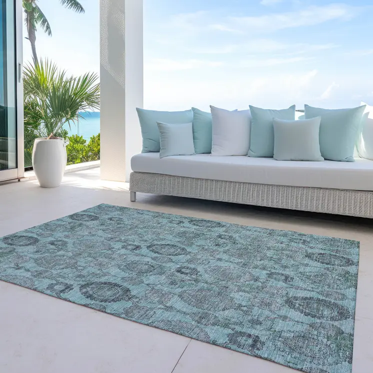 10' X 14' Turquoise Gray And Charcoal Damask Washable Indoor Outdoor Area Rug