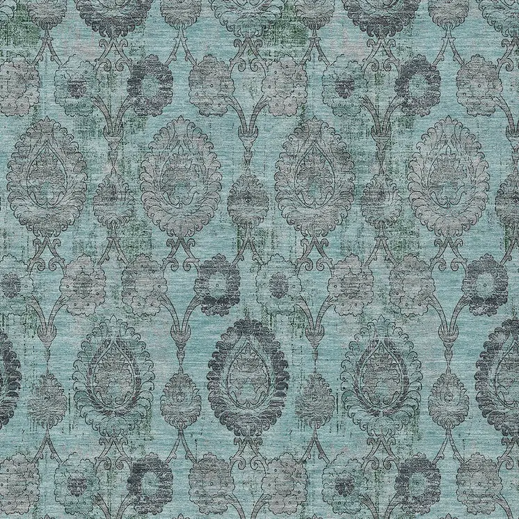 10' X 14' Turquoise Gray And Charcoal Damask Washable Indoor Outdoor Area Rug