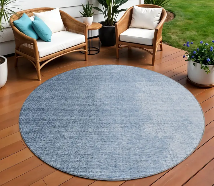 8' Navy Blue And Sky Blue Round Abstract Washable Indoor Outdoor Area Rug