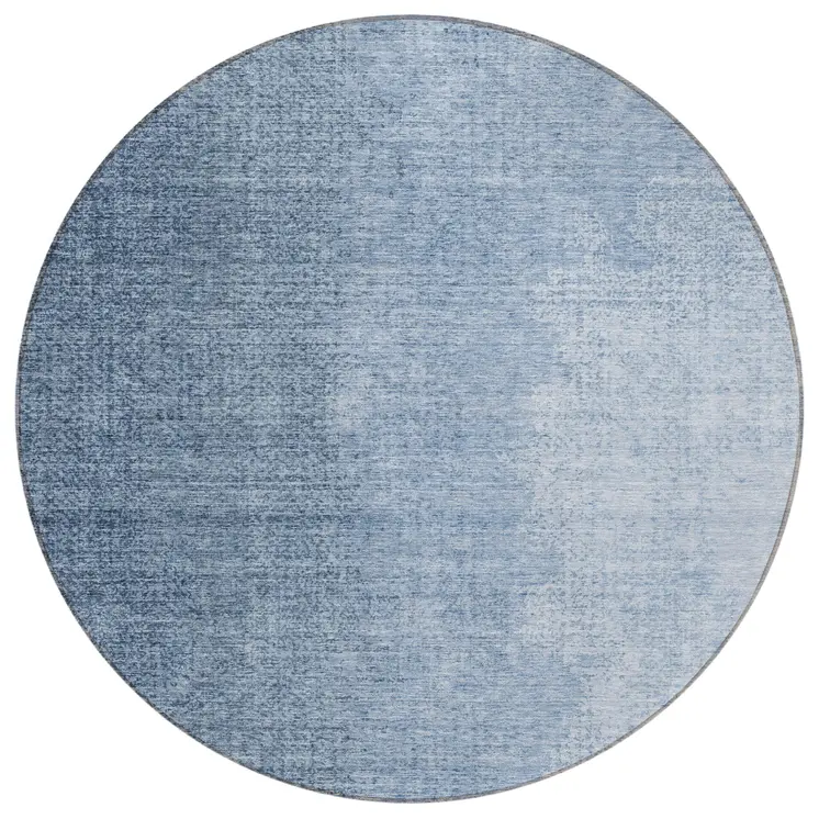 8' Navy Blue And Sky Blue Round Abstract Washable Indoor Outdoor Area Rug