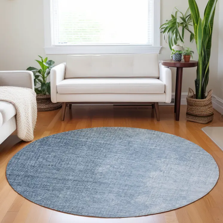 8' Navy Blue And Sky Blue Round Abstract Washable Indoor Outdoor Area Rug