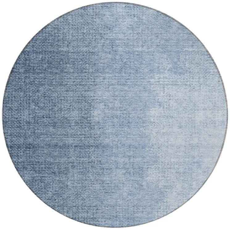 8' Navy Blue And Sky Blue Round Abstract Washable Indoor Outdoor Area Rug