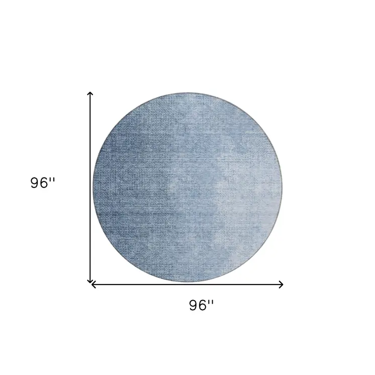 8' Navy Blue And Sky Blue Round Abstract Washable Indoor Outdoor Area Rug
