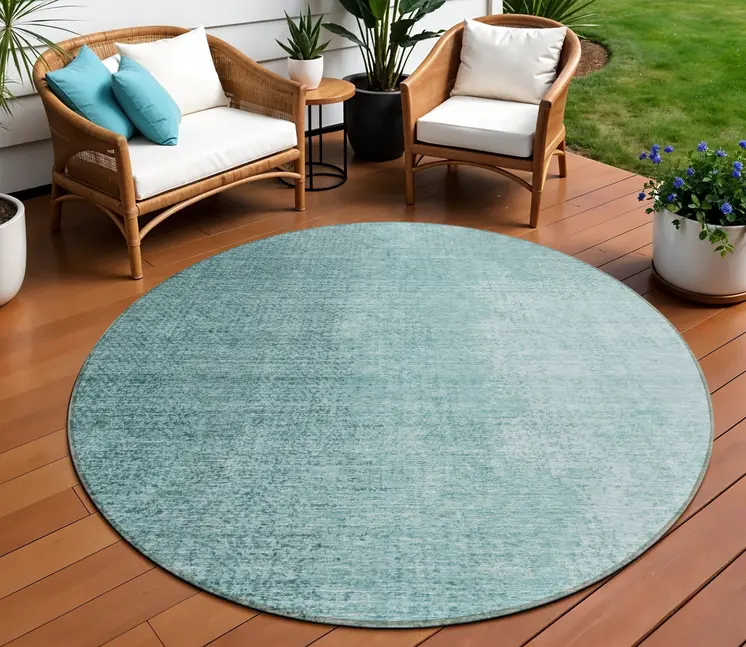8' Teal Blue And Aqua Round Abstract Washable Indoor Outdoor Area Rug