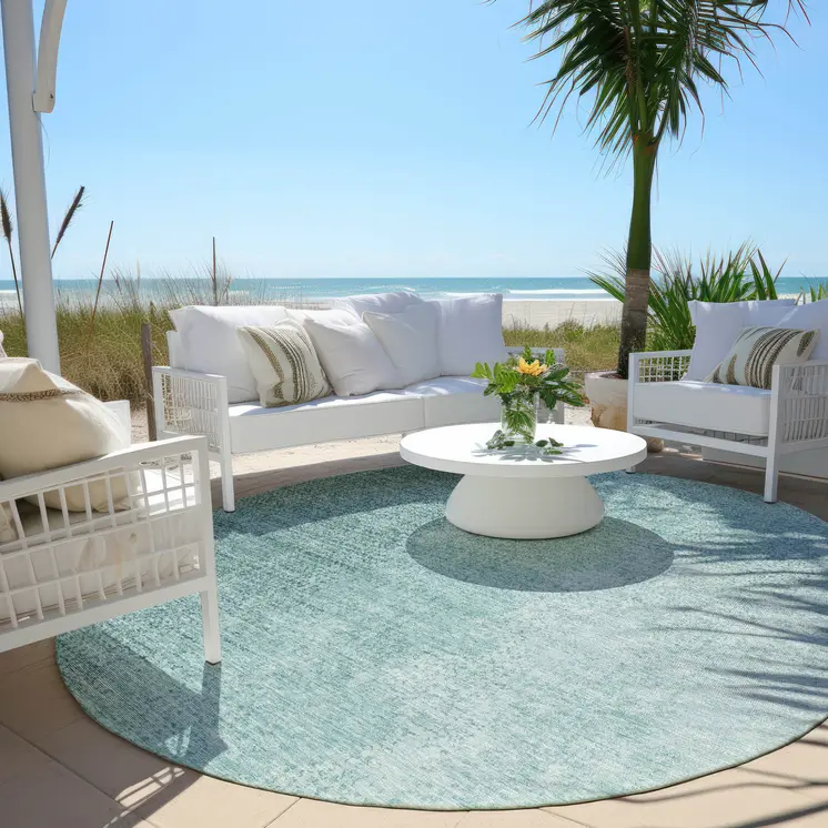 8' Teal Blue And Aqua Round Abstract Washable Indoor Outdoor Area Rug