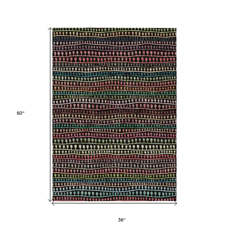 3' X 5' Black Green And Gold Striped Washable Indoor Outdoor Area Rug