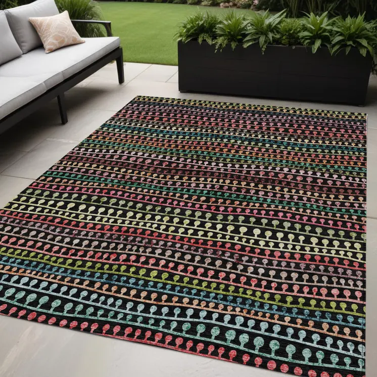 5' X 8' Black Green And Gold Striped Washable Indoor Outdoor Area Rug