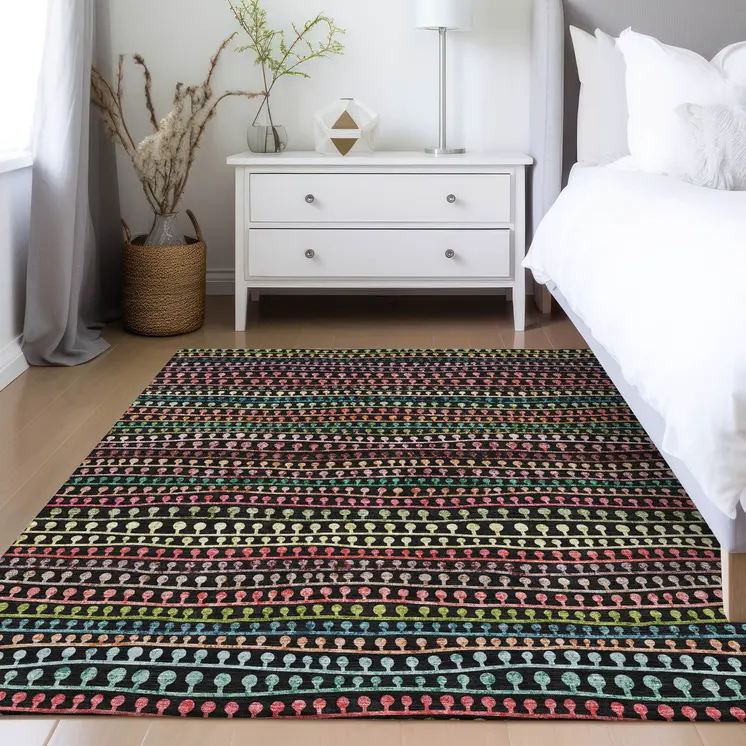 5' X 8' Black Green And Gold Striped Washable Indoor Outdoor Area Rug