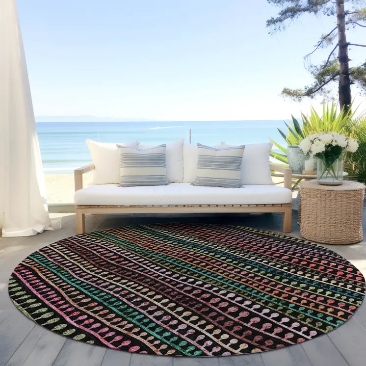 8' Black Green And Gold Round Striped Washable Indoor Outdoor Area Rug