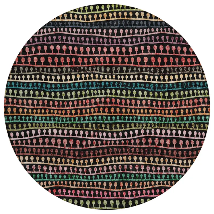 8' Black Green And Gold Round Striped Washable Indoor Outdoor Area Rug