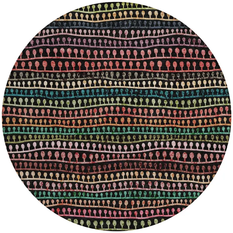 8' Black Green And Gold Round Striped Washable Indoor Outdoor Area Rug