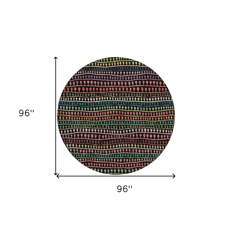 8' Black Green And Gold Round Striped Washable Indoor Outdoor Area Rug