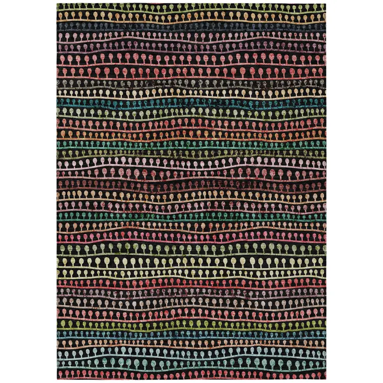 8' X 10' Black Green And Gold Striped Washable Indoor Outdoor Area Rug
