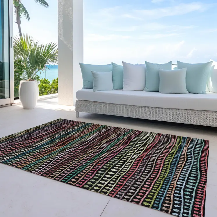 10' X 14' Black Green And Gold Striped Washable Indoor Outdoor Area Rug