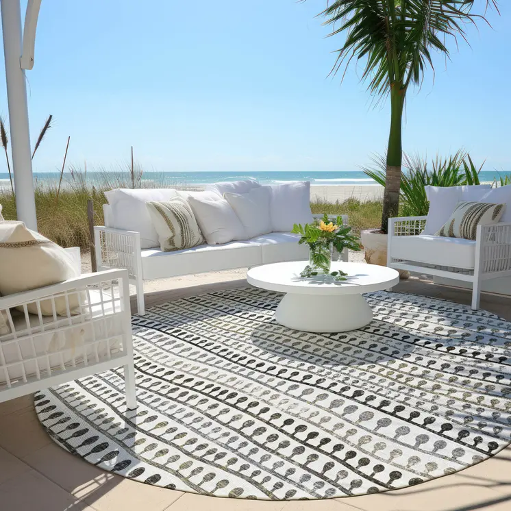 8' Ivory Taupe And Charcoal Round Striped Washable Indoor Outdoor Area Rug