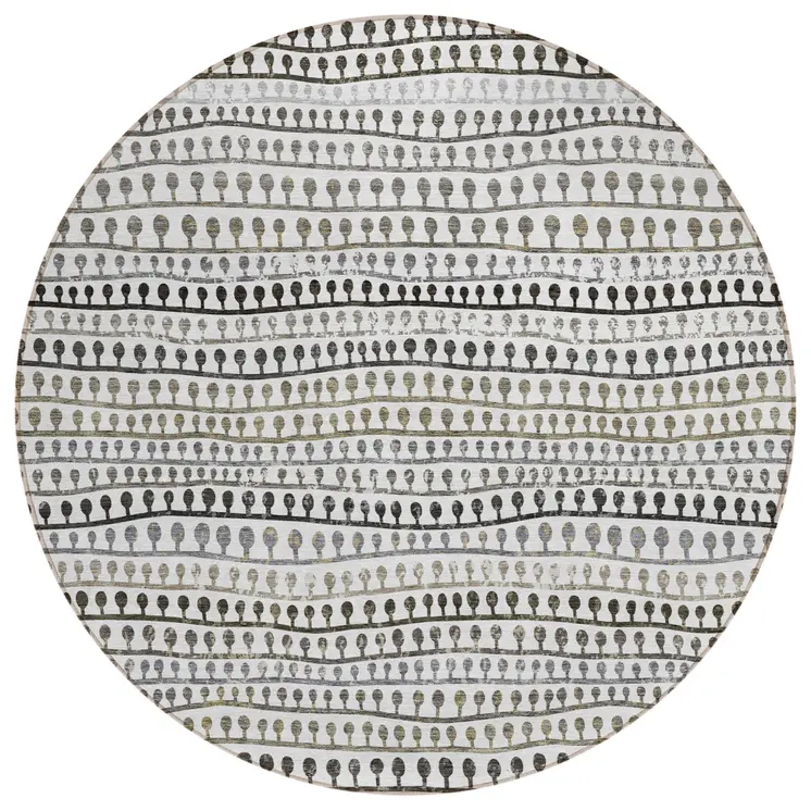 8' Ivory Taupe And Charcoal Round Striped Washable Indoor Outdoor Area Rug