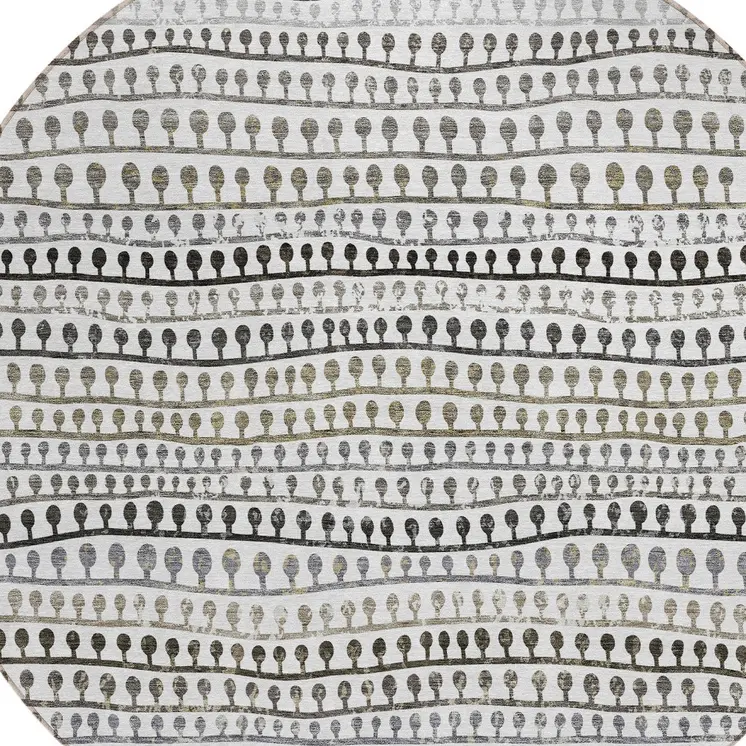 8' Ivory Taupe And Charcoal Round Striped Washable Indoor Outdoor Area Rug