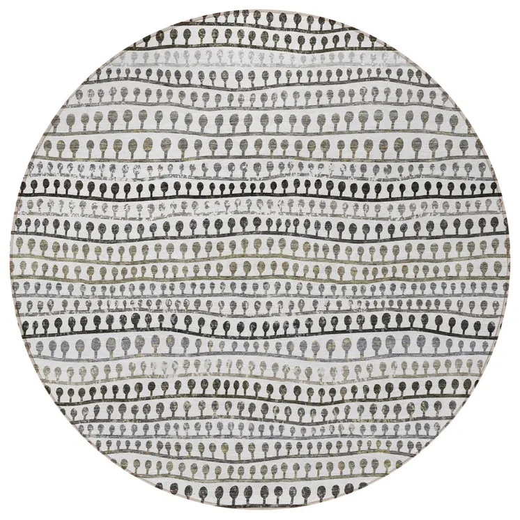 8' Ivory Taupe And Charcoal Round Striped Washable Indoor Outdoor Area Rug