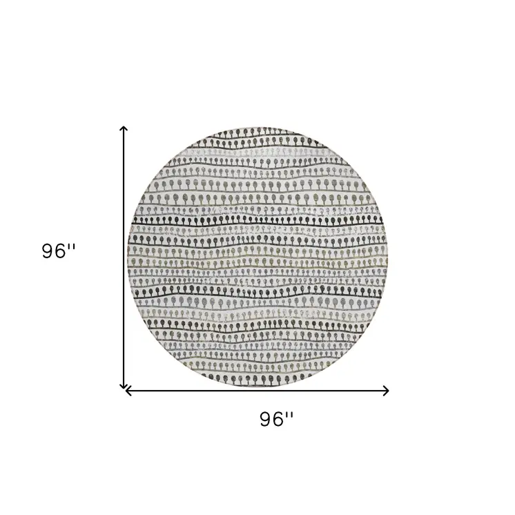 8' Ivory Taupe And Charcoal Round Striped Washable Indoor Outdoor Area Rug