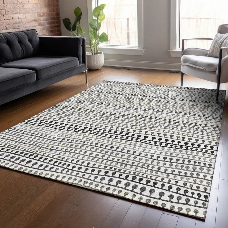 8' X 10' Ivory Taupe And Charcoal Striped Washable Indoor Outdoor Area Rug