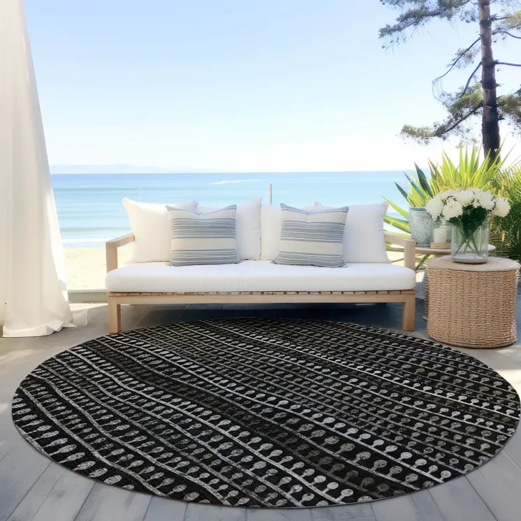 8' Taupe Charcoal And Gray Round Striped Washable Indoor Outdoor Area Rug
