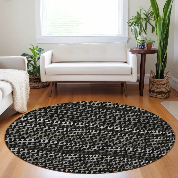 8' Taupe Charcoal And Gray Round Striped Washable Indoor Outdoor Area Rug