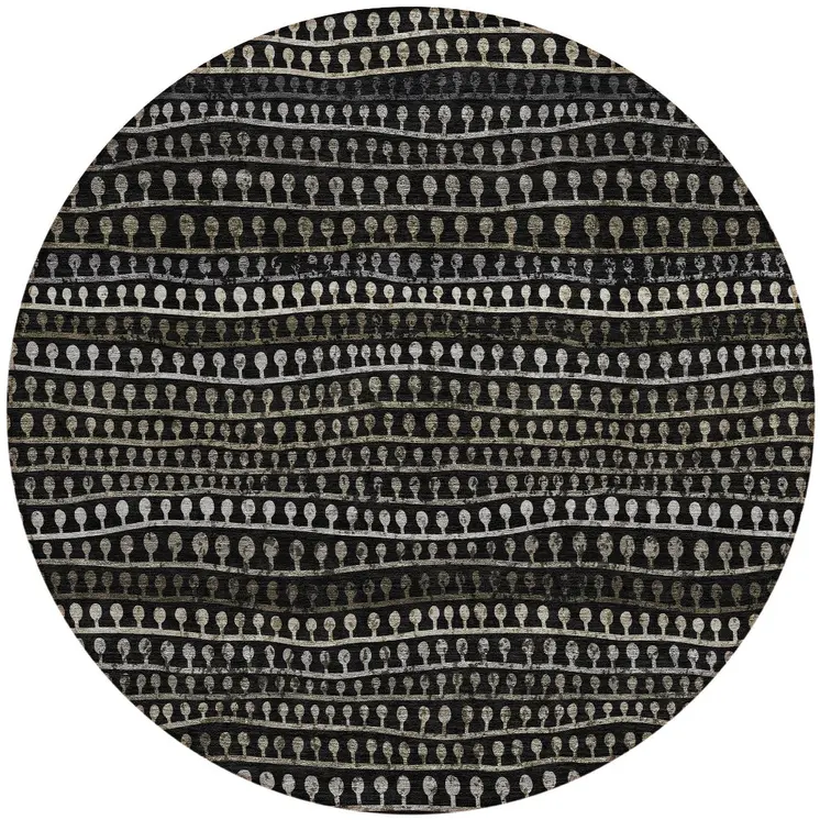 8' Taupe Charcoal And Gray Round Striped Washable Indoor Outdoor Area Rug