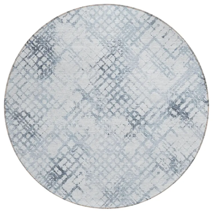 8' Navy Blue And Sky Blue Round Geometric Washable Indoor Outdoor Area Rug