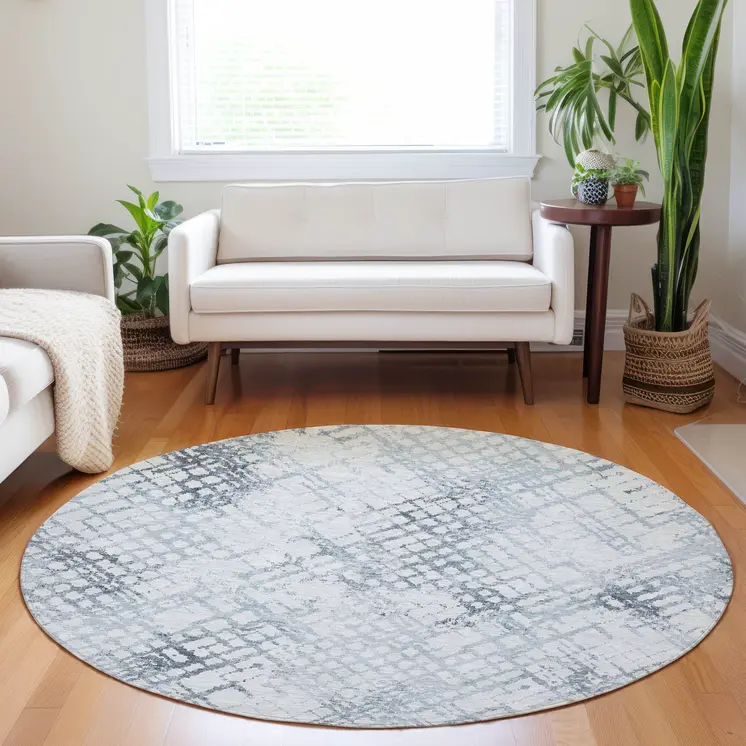 8' Navy Blue And Sky Blue Round Geometric Washable Indoor Outdoor Area Rug